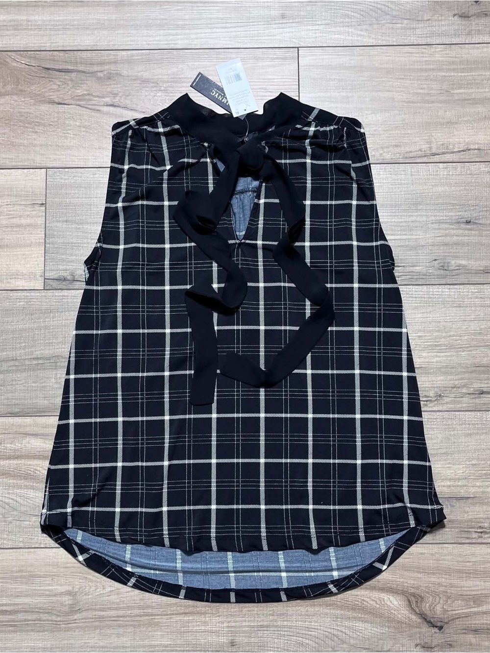 IMNYC by Isaac Mizrahi‎ Women’s Neck Tie Sleeveless Plaid Tank Top M Black Ivory